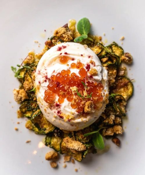 Burrata with almond pesto and scapece zucchini