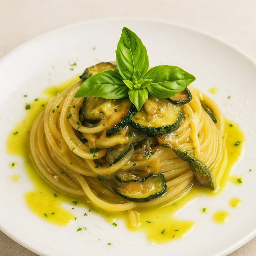 Spaghettoni with zucchini, parmesan and basil