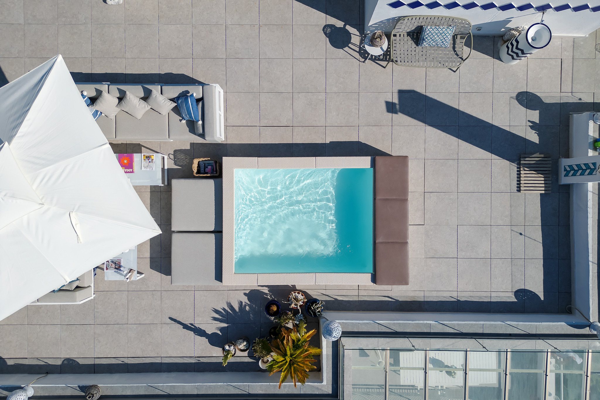 The rooftop pool terrace seen from above